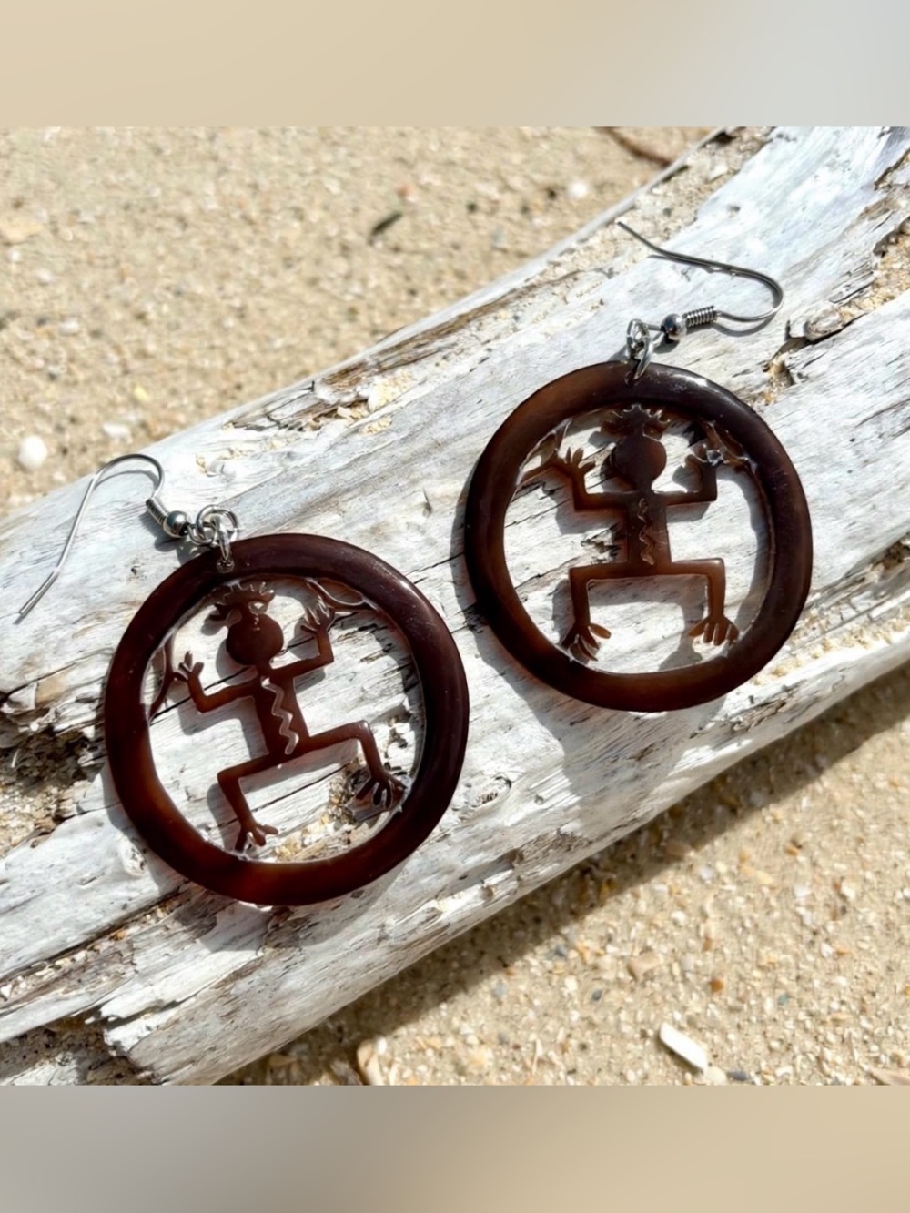 Petroglyph Taino Man of Life (Coqui) Brown lip Shell Hoop Earrings